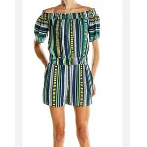 LOFT Beach Striped Off Shoulder Shorts Pull On Romper Pockets Size XS Vacation